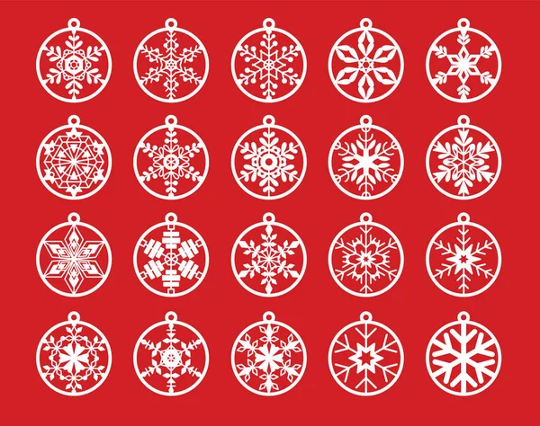 Set de bolas de Navidad con copos de nieve. Juguetes de Navidad, decoraciones. Plantillas de corte por láser. Corte por láser, corte de papel, diseño de ornamento de corte en madera. Elementos decorativos aislados vectoriales. Celebración de Año Nuevo Ilustración De Stock