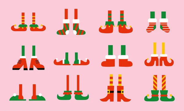 Zapatos y botas para elfos pies. Ayudantes de Santa Claus. Colección vectorial de dibujos animados lindo vacaciones de Navidad pies y piernas elfos. Ilustraciones aisladas Vector De Stock