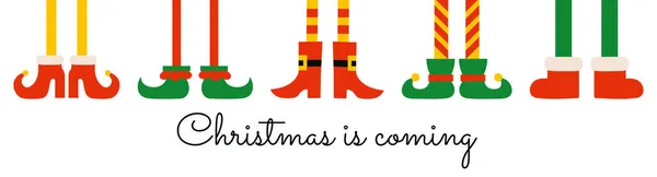 Наближається різдвяний плакат із зображенням горизонту. Взуття і чоботи для ельфів. Ельфійський гном. Допомагає Санта Клаус. Гарний мультфільм Різдвяні свята ельфів ноги і ноги. Дизайн листівок — стоковий вектор