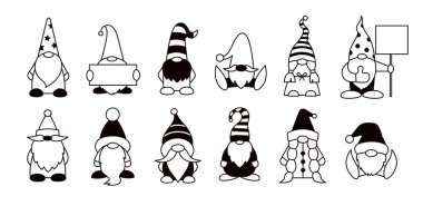 Gnomes isolated illustrations. Black and white. Set of vector cartoon gnome characters clipart