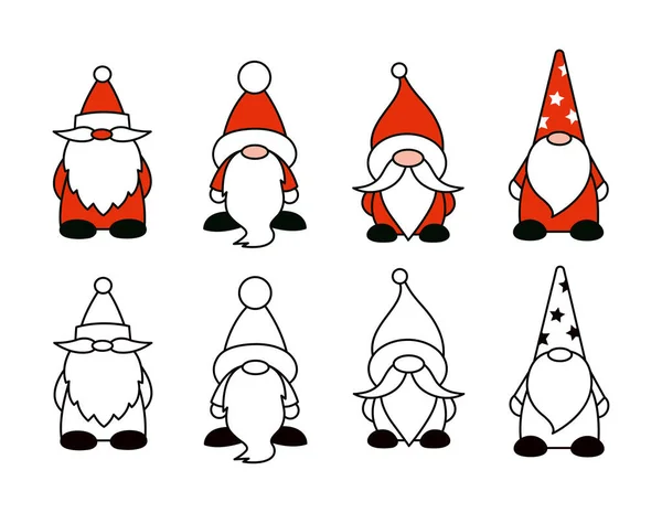 Άγιος Βασίλης κινούμενα σχέδια απομονωμένες εικόνες. Χριστουγεννιάτικα ξωτικά με την παραδοσιακή κόκκινη στολή του Αϊ Βασίλη. Διανυσματικό σετ. Γραμμικούς και έγχρωμους χαρακτήρες — Διανυσματικό Αρχείο