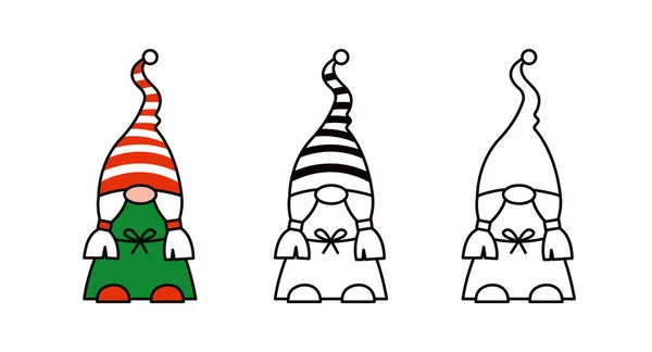 Linda chica gnomo o enano en sombrero a rayas y vestido ilustraciones aisladas. Personajes de dibujos animados de magia vectorial para la primavera de Navidad o el diseño de verano. Iconos de línea y color. Set de iconos Vector De Stock