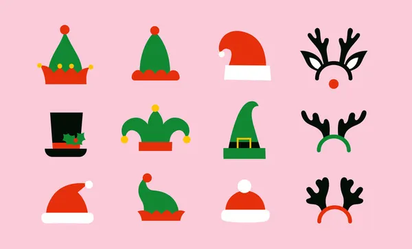 Christmas hats isolated illustrations. Red Santa Claus hat. Elves or gnomes hats. Cartoon reindeer antlers. Top hat with holly leaves and berries. Winter holiday clipart — Stock Vector