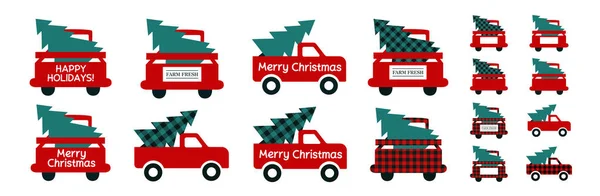 Червоні різдвяні вантажівки з деревом. Буйволи чистять текстуру. Різдвяні ялинки. Набір векторних ізольованих ілюстрацій для зимових канікул. Веселих свят. Веселого Різдва — стоковий вектор
