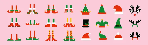 Conjunto de Natal de pernas de elfo e chapéus de elfo. Isoladas ilustrações de sapatos de desenho animado e botas para os pés de elfos. Chapéu vermelho do Pai Natal, chifres de rena. Material de cabine fotográfica. Clipart férias de inverno — Vetor de Stock