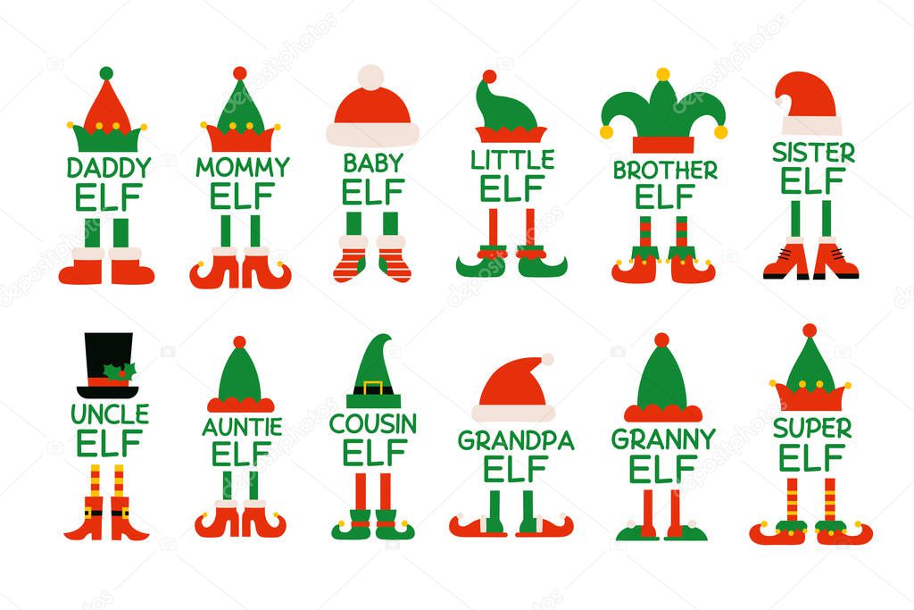 Cartoon elf family isolated Christmas monograms. Elf or gnome hat and shoes. Brother elf, sister, mommy, daddy. Baby elf. Isolated vector illustrations