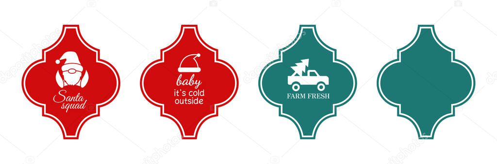 Arabesque tile ornament. Arabesque Christmas monogram. Red and green design templates. Winter holiday frames. Santa squad. Farm fresh Christmas trees. Christmas truck silhouette. Baby its cold outside