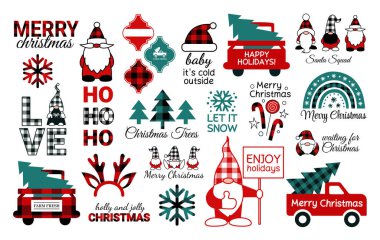 Noel SVG paketi. - Mutlu yıllar. Bufalo ekose kar taneleri. Noel cüceleri. Noel Baba ekibi. Arabesk fayans süsü. Noel ağaçlı kırmızı kamyon. Boho gökkuşağı. Ren geyiği boynuzları.