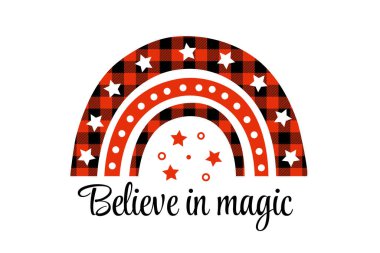 Boho gökkuşağı. Kırmızı Boho Noel süsü. Yıldızlı bufalo ekoseli süblimleşme tasarımı. Noel 'in sihrine inan. Vektör izole illüstrasyonu.