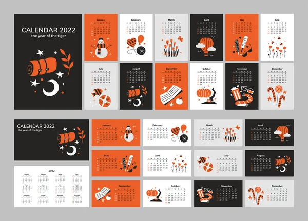 Conjunto de calendarios corporativos 2022. Año del tigre. 12 páginas mensuales y portada en estilo tigre. Ilustraciones vectoriales. Estaciones. Amor flores viaje comida vacaciones aficiones. La semana comienza el domingo Vectores De Stock Sin Royalties Gratis