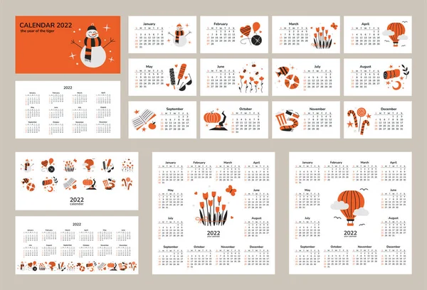 Kalendersatz 2022 im Tiger-Stil. Neues Jahr der Tiger. 12 Monatsseiten und Umschlag. Wandtischkalender 2022. Vektorillustrationen. Wetter und Jahreszeiten. Gefühle und Emotionen. Woche beginnt am Sonntag — Stockvektor