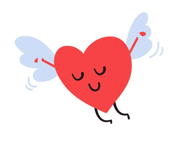 Love is in the air. Heart shaped angel for Valentines day romantic design. Happy smiling flying heart in love. Wings of love. Cute vector illustration isolated on white background. — Stock vektor