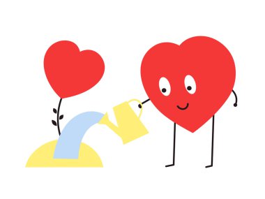 Romantik Sevgililer Günü tasarımı için kırmızı gülen kalp. Birbirinize değer verin, destek olun, anlayın, sevginizi büyütün. Birlikte mutlu olun. Vektör düz bir şekilde izole edildi. Şirin kawaii karakteri.