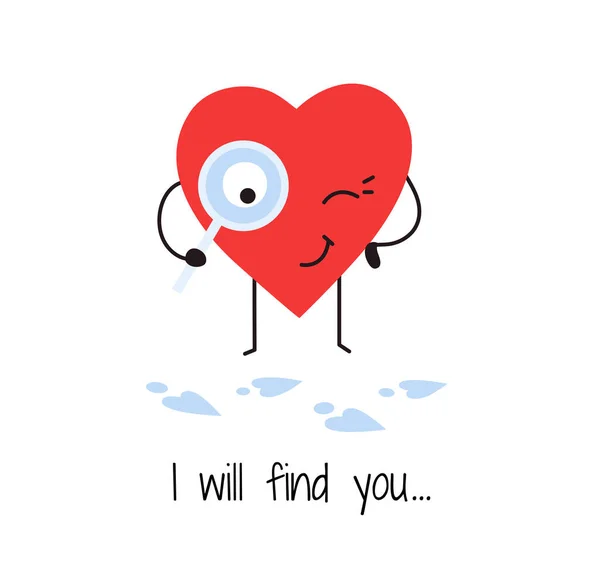 Nette Cartoon-Herzfigur. Kreatives lustiges Valentinstag-Designkonzept. Rotes lächelndes Herz mit Lupe. Suche nach Seelenverwandten, finde deine Liebe, Freund. Ich werde dich finden. Vektorillustration — Stockvektor
