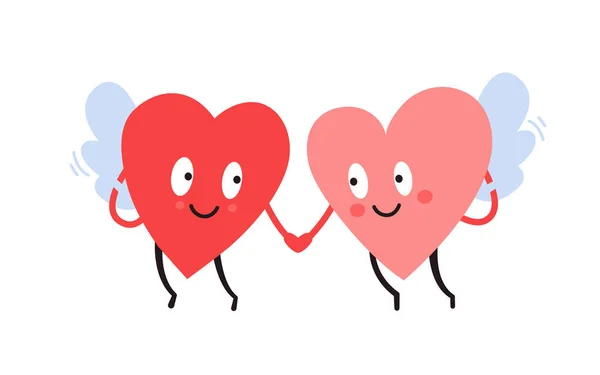 Two happy cartoon heart characters. Flying hearts. Romantic Valentines Day design. Couple in love holding hands. Angels. Wings of love. Share your love. Cute vector illustration — стоковый вектор