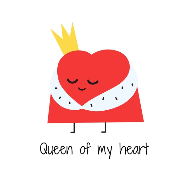 Queen of my heart. Cute cartoon heart character for Valentines Day design. Red smiling heart in princess crown. Vector illustration — Διανυσματικό Αρχείο