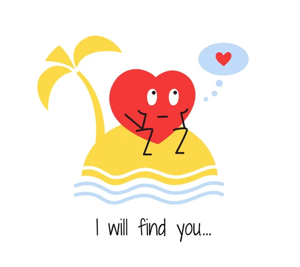 Cute vector heart character. Romantic Valentines Day design. Find your love. I miss you. I am waiting for you. Palm tree and tropical island. Love and friendship. Card template. — стоковый вектор