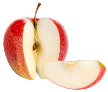 Kırmızı elma meyve kesme ve beyaz bac izole yeşil yaprakları ile