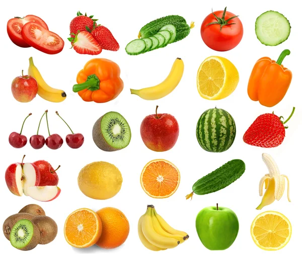 Verzameling van vers sappige fruit en bessen geïsoleerd op witte b — Stockfoto
