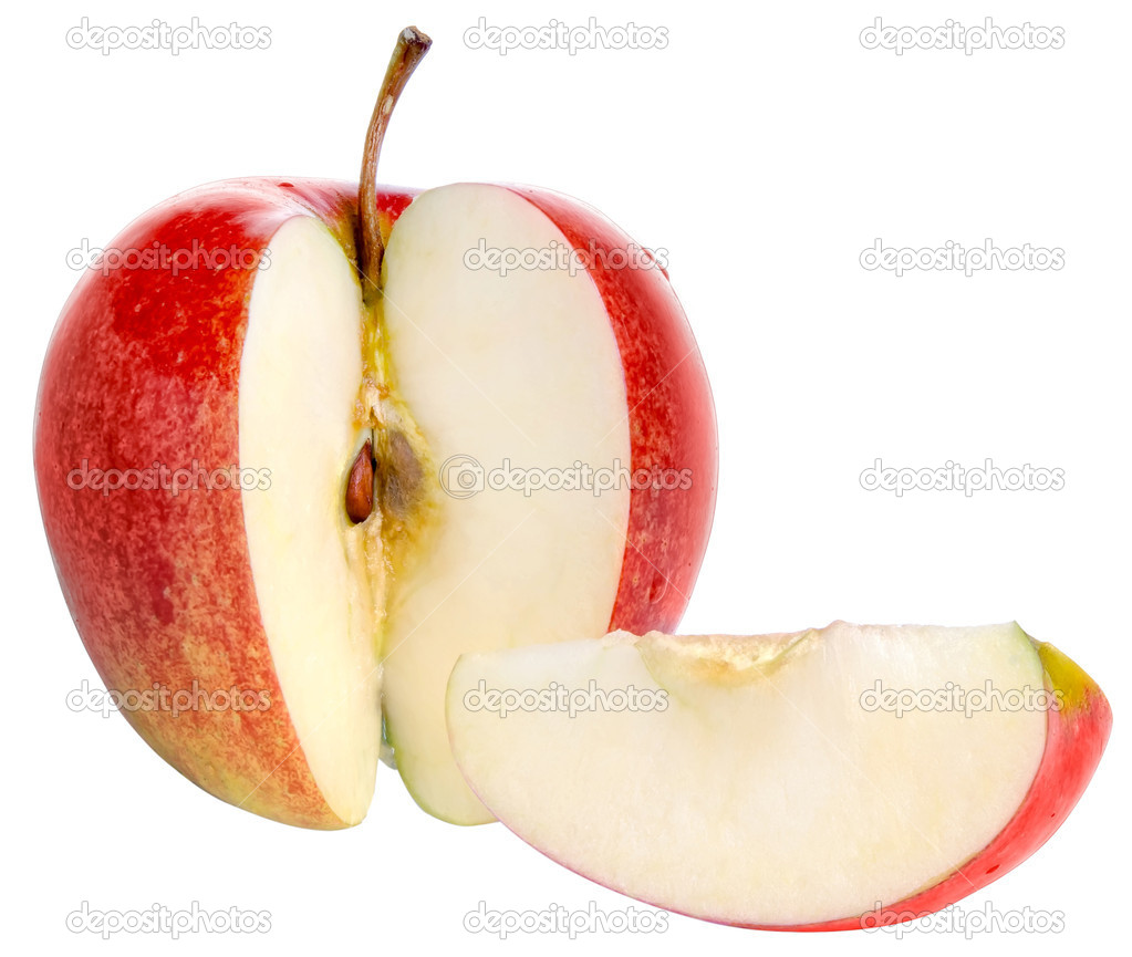 Red apple fruits with cut and green leaves isolated on white bac ...