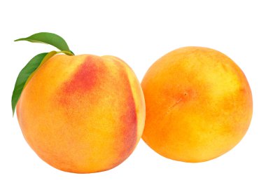 Beyaz arka planda yeşil yapraklı olgun şeftali meyveleri