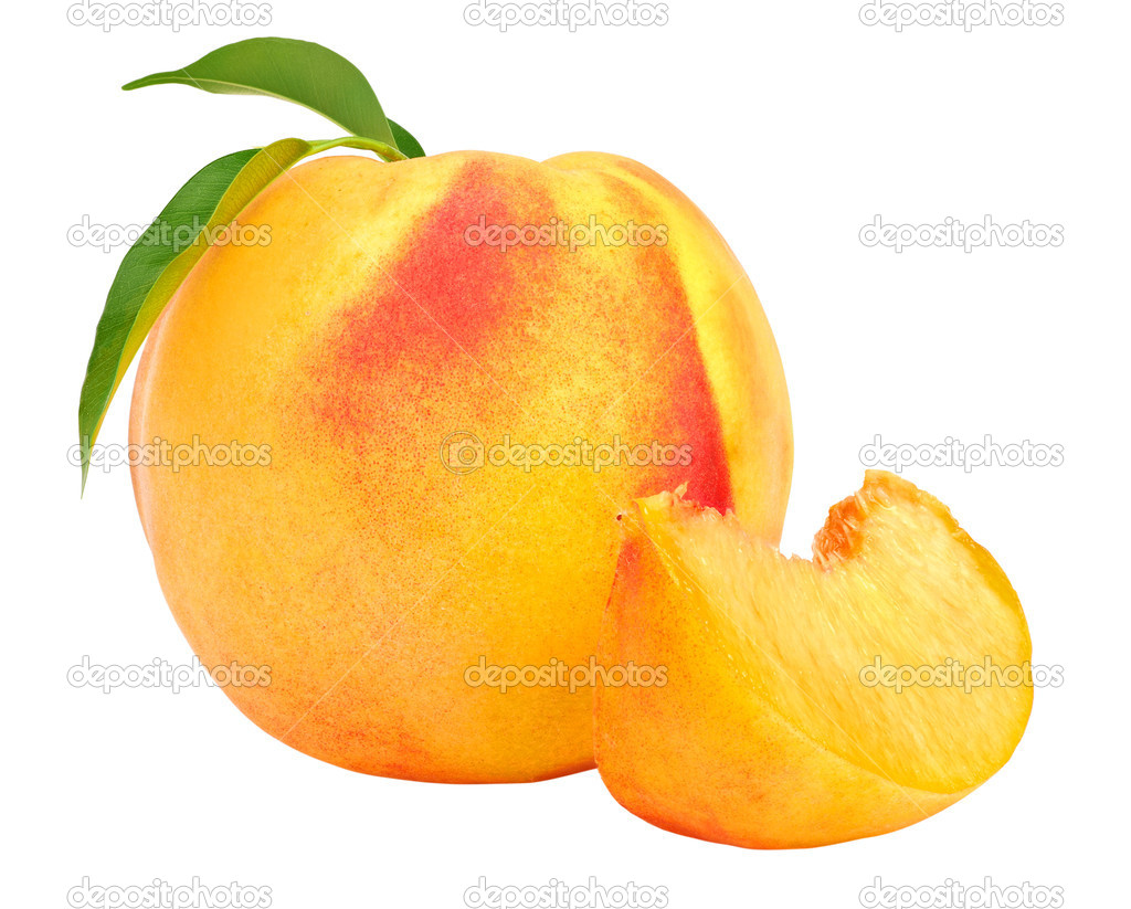 Ripe peach fruit with leaves and slises on white background.