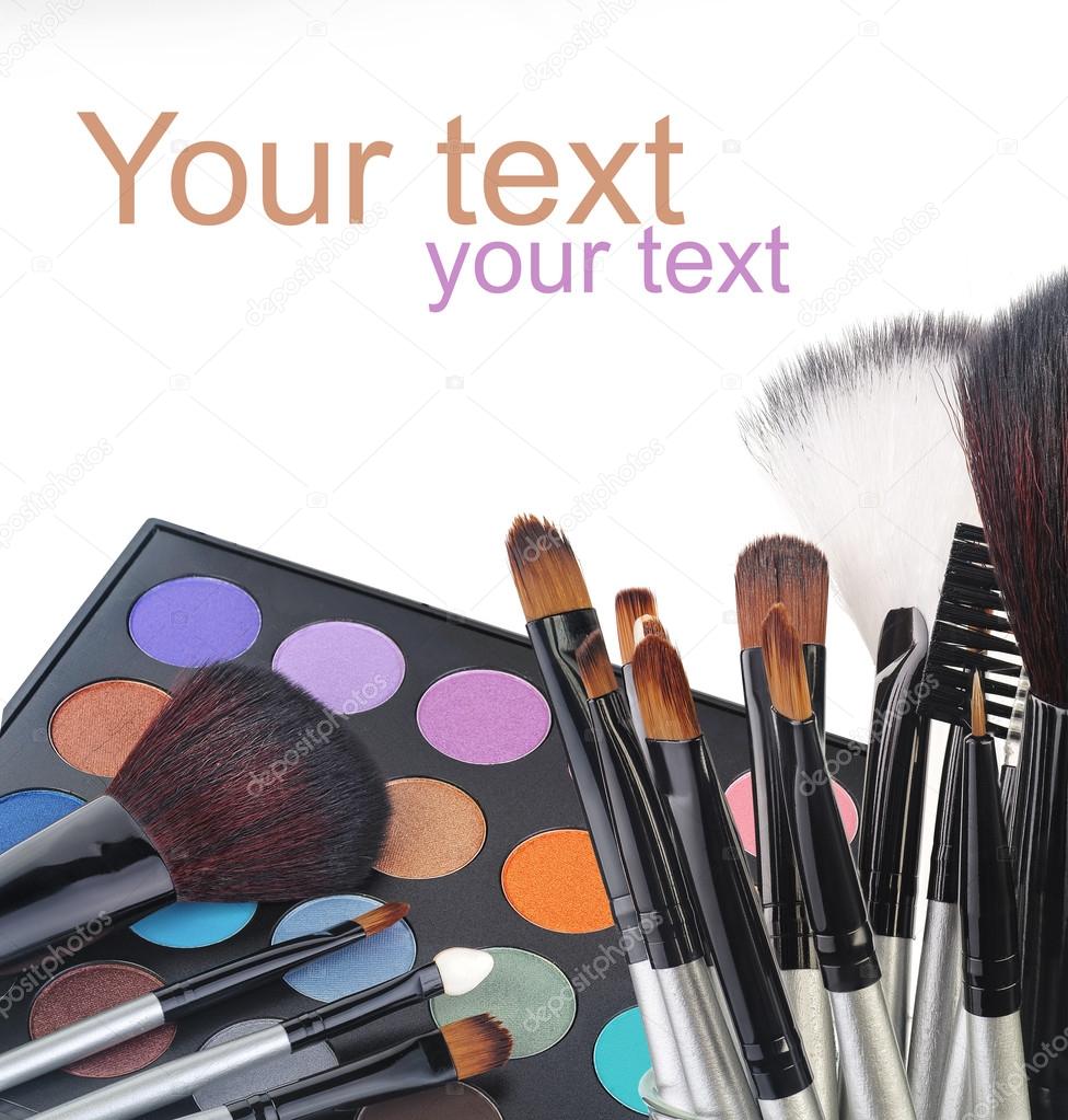 makeup brush and cosmetics, on a white background isolated