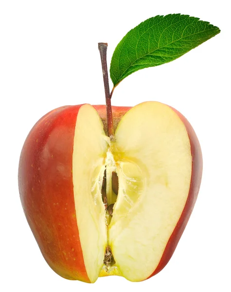 Červené jablko ovoce s potiskem i zelené listy izolované na bílém bac — Stock fotografie
