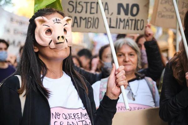 Buenos Aires Argentyna Września 2021 Global Climate Strike Kobieta Masce — Zdjęcie stockowe