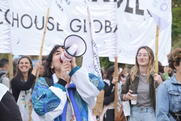 Buenos Aires Argentina April 2022 Young Activist Megaphone Shouting Cheering — стоковое фото