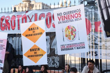 Buenos Aires, Arjantin; 21 Mayıs 2022: Posterler: Artık tarım ürünleri yok. Masamızda zehir görmek istemiyoruz. Yemeğimize sprey sıkmayı bırak. Böcek ilaçları bizi hasta eder ve öldürür..