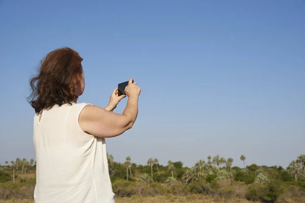 Back View Mature Woman Taking Photos Her Phone Palmar National — Fotografia de Stock
