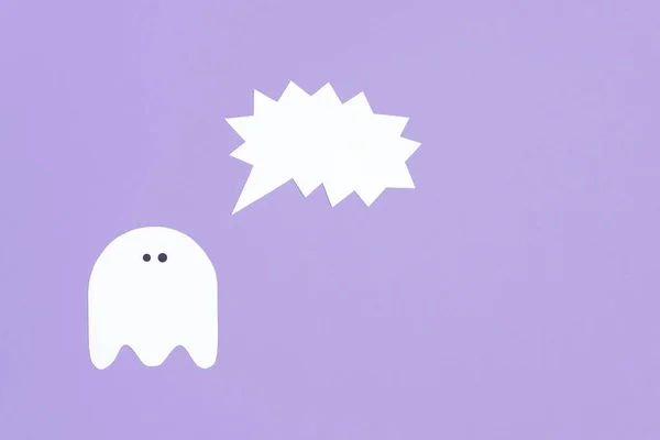 Trendy Minimalist Halloween Design White Cute Ghost Shouting Blank Speech — Stok fotoğraf