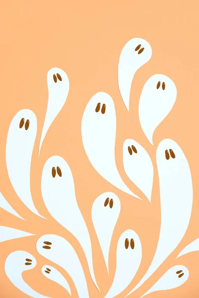Halloween Trendy Design Group Cute White Ghosts Flying Pastel Orange — Stock Fotó