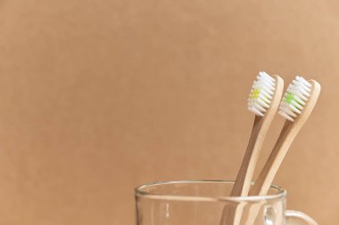 Pair of ecological bamboo toothbrushes in a glass cup. Concepts: sustainable lifestyle, use of compostable and environmentally friendly materials, zero plastics. Studio shot with copy space.