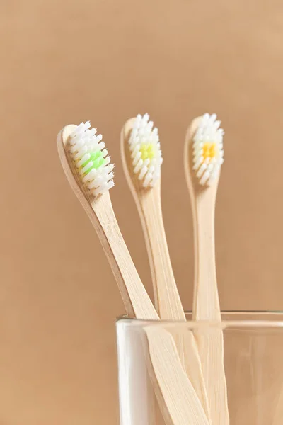 Set Three Ecological Bamboo Toothbrushes Glass Cup Concepts Sustainable Lifestyle — Stock Photo, Image