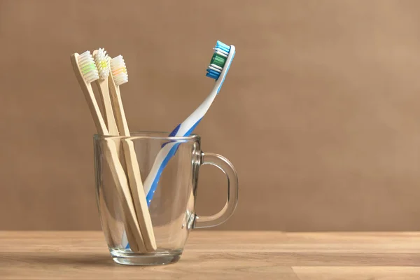 Toothbrushes Plastic One Set Three Ecological Made Bamboo Concepts Sustainable — Stock Photo, Image