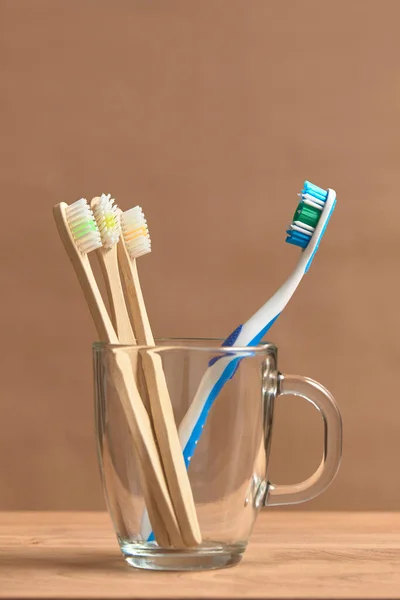 Toothbrushes Plastic One Set Three Ecological Made Bamboo Concepts Sustainable — Stock Photo, Image