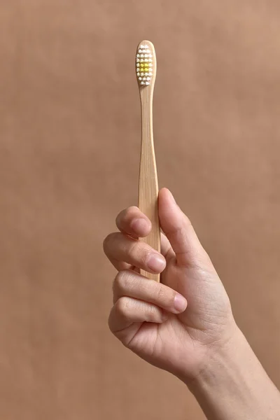 Hand Holding Ecological Bamboo Toothbrush Concepts Sustainability Use Compostable Environmentally — Stock Photo, Image
