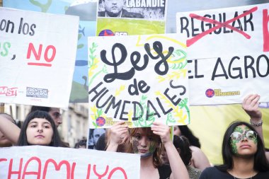 Buenos Aires, Argentina; August 25, 2022: Young people holding environmental posters at a demonstration against the extractivist system of natural resource exploitation. Central text: wetlands law.