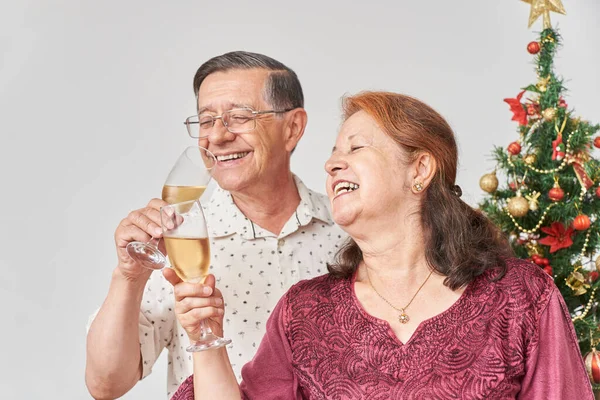 Happy Senior Latin Couple Toasting Christmas New Year Celebrating Holidays — Stock Photo, Image