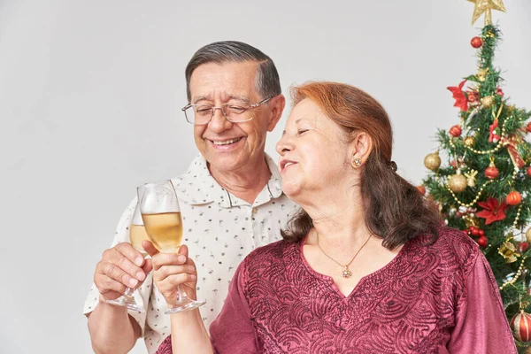 Happy Senior Hispanic Couple Toasting Christmas New Year Celebrating Holidays — Stock Photo, Image