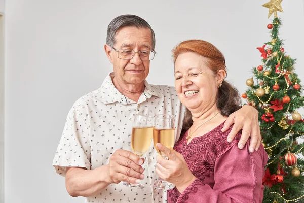 Happy Senior Hispanic Couple Toasting Christmas New Year Celebrating Holidays — Stock Photo, Image