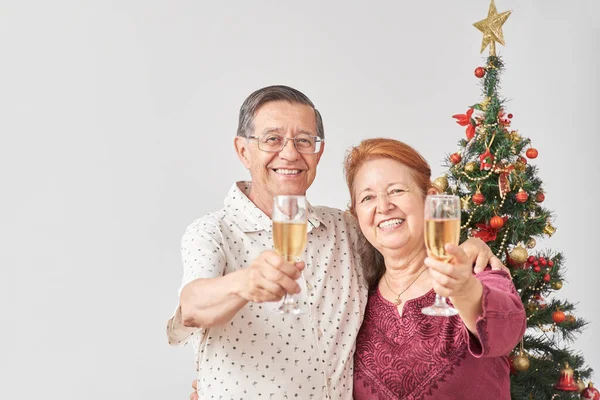 Happy Senior Hispanic Couple Smiling While Toasting Camera Christmas New — Stock Photo, Image