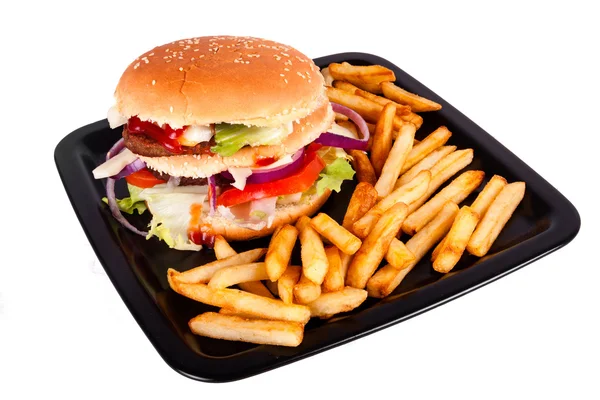 Hamburger z frytkami na białym tle — Zdjęcie stockowe