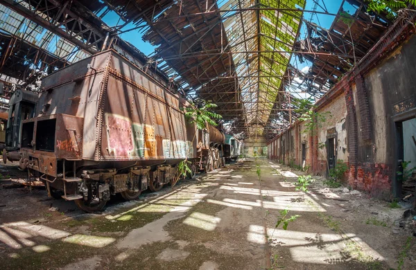 Viejos trenes en el depósito de trenes abandonado —  Fotos de Stock