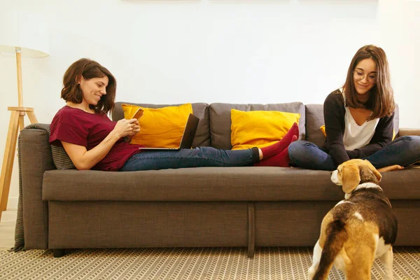 Лесбийская пара на диване с собакой — стоковое фото