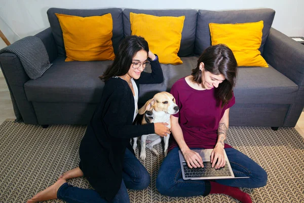 Лесбийская пара сидит в гостиной и смотрит на ноутбук с собакой — стоковое фото