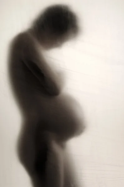 Pregnant naked woman behind diffuse wall — Stock Photo, Image