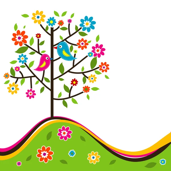 装饰花卉树和鸟，矢量 — 图库矢量图片